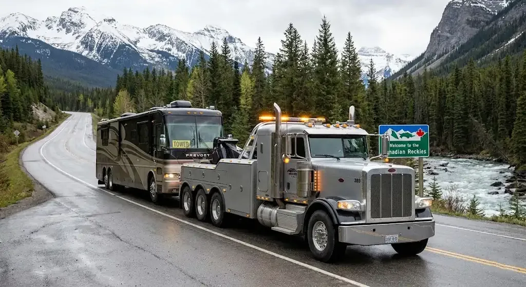 Vaughan heavy-duty tow truck with RV in transport