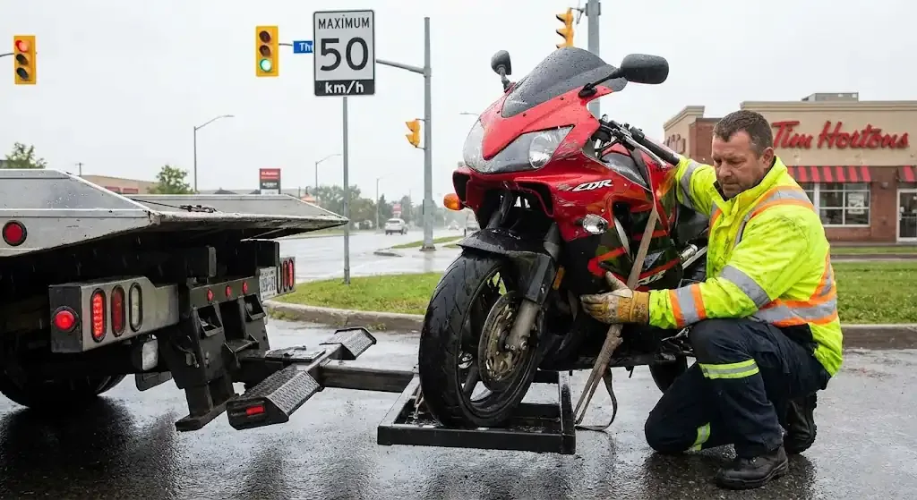 Vaughan motorcycle being safely loaded for transport