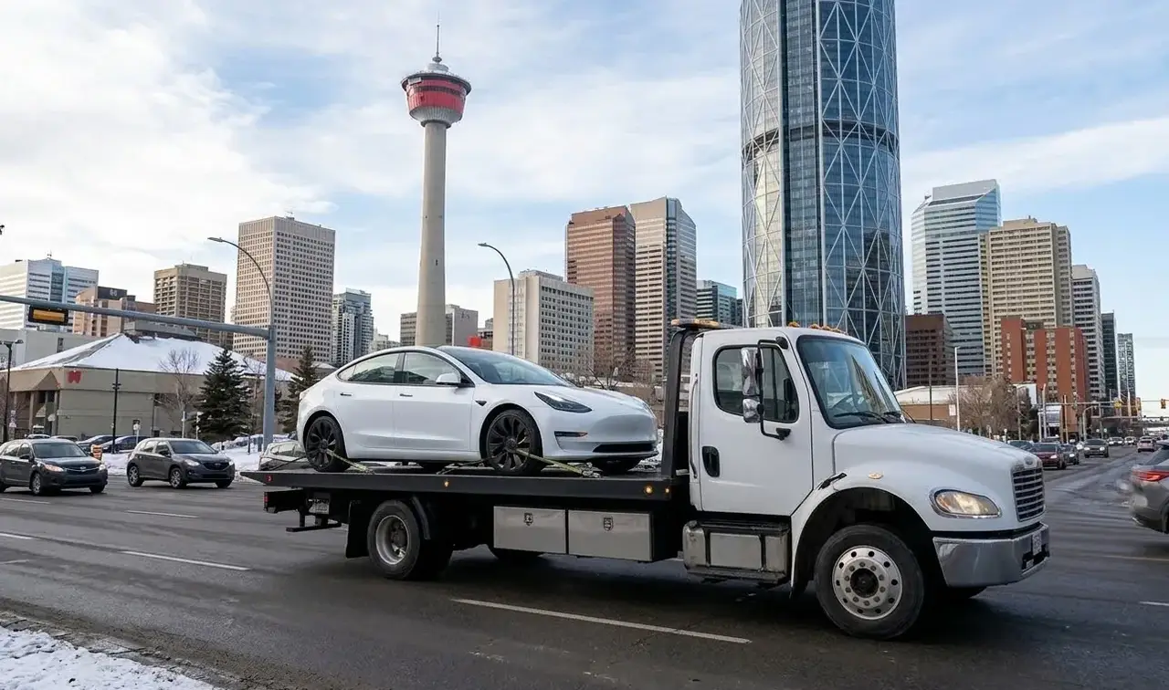 Vaughan electric vehicle on flatbed transport